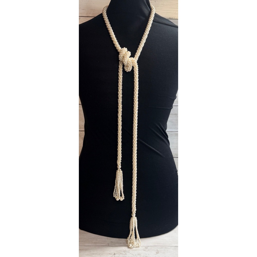 Vintage Faux Pearl Lariat Tassel Necklace 58 Inch Woven Rope Flapper Style White